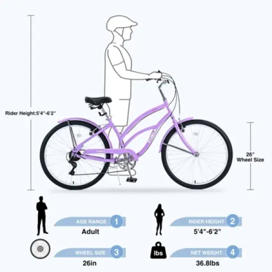 INFURNIC Bicycles 7 Speed Beach Cruiser Bike with Steel Frame and V Brakes for Women Commuter and Leisure Riding, Purple, 69.96"*28.32"*43.2" image {3}