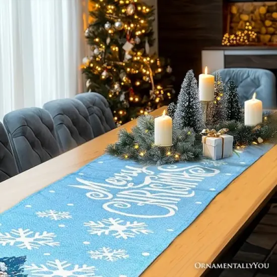 Gracefully Artful Winter Cabin 72" Table Runner, Merry Christmas Blue Rectangle Tablecloth with Snowflakes| OrnamentallyYou image {3}