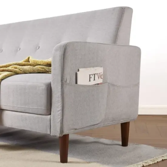 Adair Mid Century Modern Loveseat with Armrest Pockets Tufted Linen Fabric Light Gray - Mellow image {3}