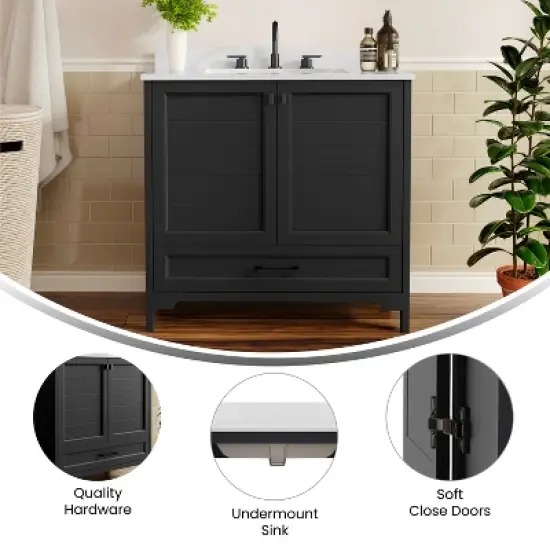 Flash Furniture Haven Bathroom Vanity with Sink, Storage Cabinet with Soft Close Doors and Bottom Drawer, Carrara Marble Finish Countertop image {3}