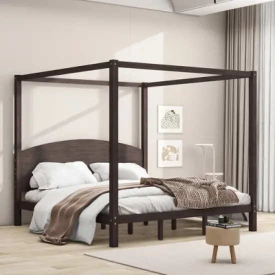 King Size Canopy Platform Bed, Wooden Bed Frame with Headboard and Support Legs -ModernLuxe image {1}