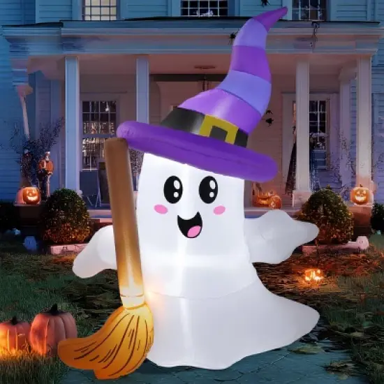 Joyfy 6 FT Tall Halloween Inflatables Outdoor Decorations, Inflatable Cute Ghost Holding Broom with LEDs for Halloween Outdoor Yard Garden Lawn Decor image {9}