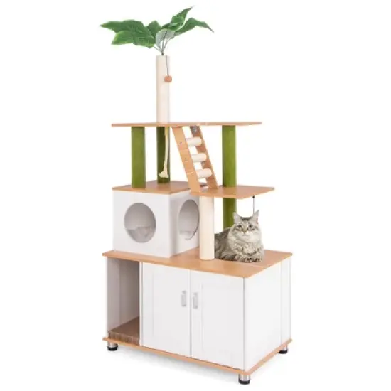 Tangkula All-in-One Cat Tree w/ Litter Box Enclosure Cat Tower Scratching Posts Ladder image {10}