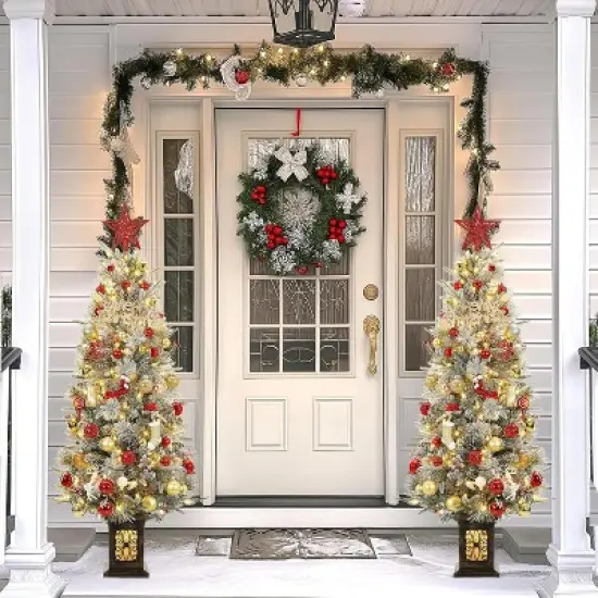 4.5 Ft Artificial Christmas Tree with 200 Warm White  Lights and Red Berries Potted Base Holiday Xmas Tree image {2}