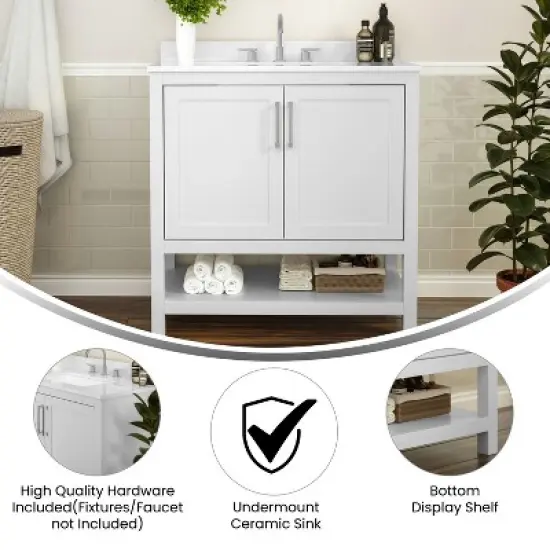 Merrick Lane Bathroom Vanity with Ceramic Sink, Carrara Marble Finish Countertop, Storage Cabinet with Soft Close Doors and Open Shelf image {6}