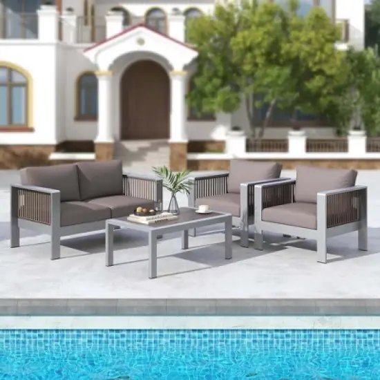 Costway 2 PCS Aluminum Single Sofa Outdoor Furniture Set with Thick Back & Seat Cushions Grey image {3}