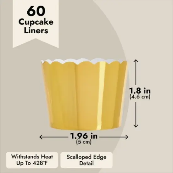 Sparkle and Bash 60 Pack Gold Baking Cups with Scalloped Edges for Cupcakes, Muffins, Wedding Table Decor, Birthday Treats, 1.96 x 1.8 In image {4}