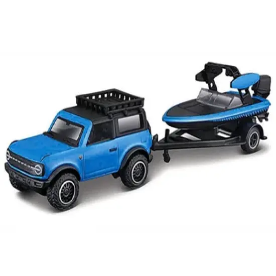 2021 Ford Bronco Blue with Black Top and Roof Rack and Ski Boat with Trailer Blue and Black 1/64 Diecast Model Car by Maisto image {1}