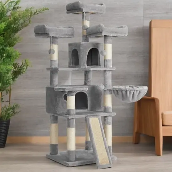 Cat Tree, Large Cat Tower, Cat Condo with Scratching Posts, Board, 2 Caves, 3 Plush Perches, Activity Center, 66.5 Inches image {4}