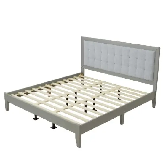 Okak Platform Bed Frame Upholstered Modern Solid Wood Bed with Square Tufted Headboard Noise-Free No Springs Required Easy to Assemble image {3}