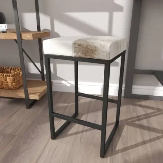 Industrial Cowhide and Metal Counter Height Barstool Gray - Olivia & May image {13}