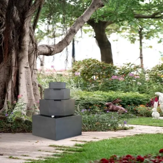 NAYSAYE Fountain Cement Decorative 4 Tier Block Water Feature for Garden Patio Backyard, Gray, 19.7"*19.7"*41.7" image {3}