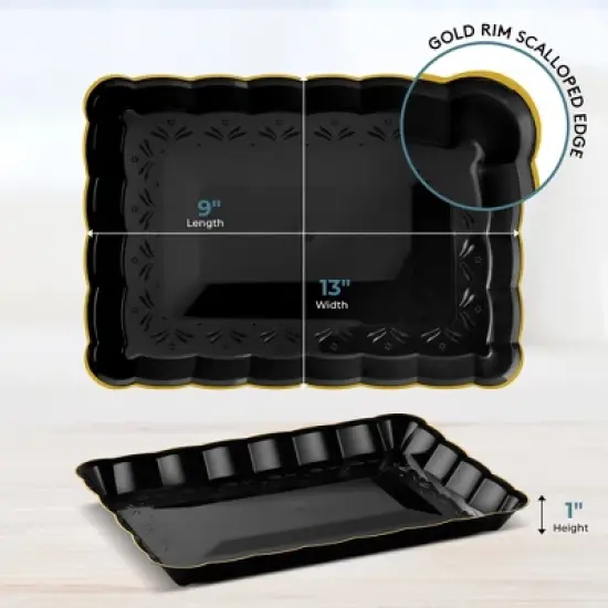 Posh Setting Black and Gold Rectangular Serving Tray with Scalloped Edge - 4 Count image {3}