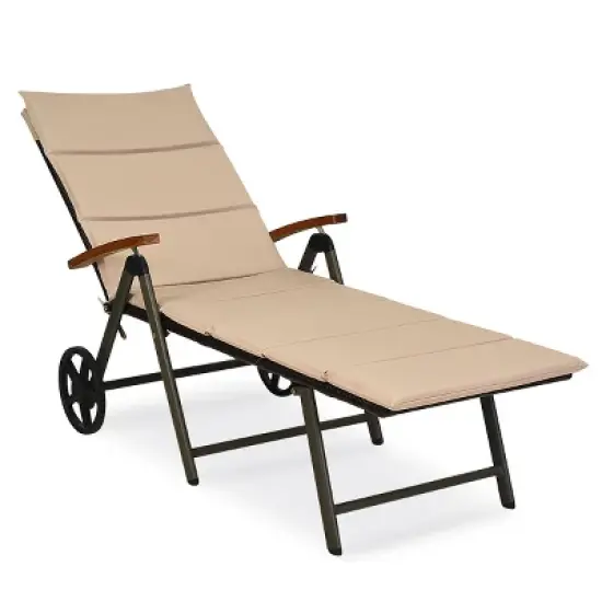 Tangkula Folding Outdoor Rattan Chaise Lounge Chair Cushioned Recliner w/ Wheels Beige image {6}