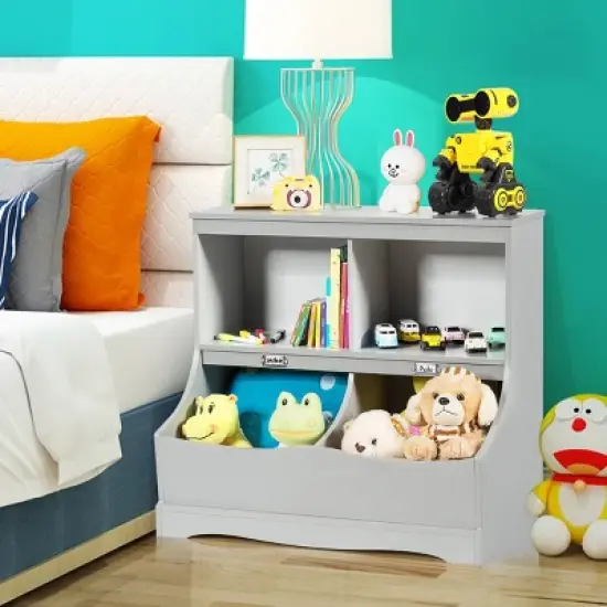 Costway Children's Multi-Functional Bookcase Toy Storage Bin Kids Floor Cabinet GreyWhite image {4}