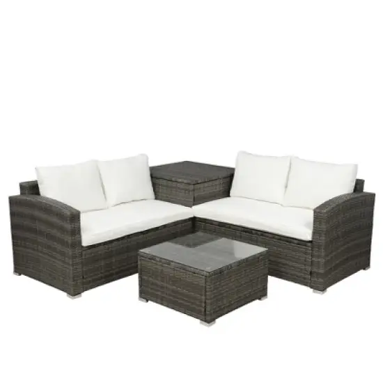 4pc Wicker Patio Conversation Set with Cushions - Gray/Beige - GODEER image {4}