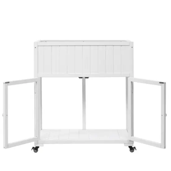 35&ldquo;W Wood Garden Greenhouse Balcony Mini Cold Frame with Wheels, Raised Bed with Liner and 2 Doors for Indoor Outdoor Use, White/Black-ModernLuxe image {2}