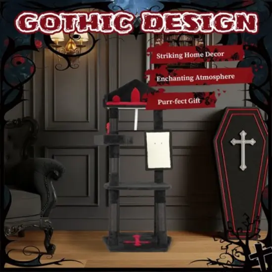 Angel Sar 49'' Gothic Cat Tree with Throne Bed & Coffin Perch, Black Cat Tower with Sisal Scratching Posts and Alien Toy for Indoor Cats image {1}