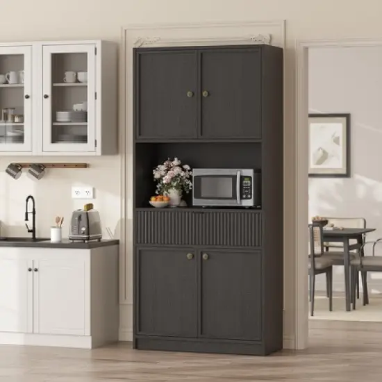Kitchen Pantry Cabinet, 70" Tall Pantry Storage Cabinet with Countertop, Fluted Tall Cabinets with Doors and Drawer, Freestanding Cupboard image {9}