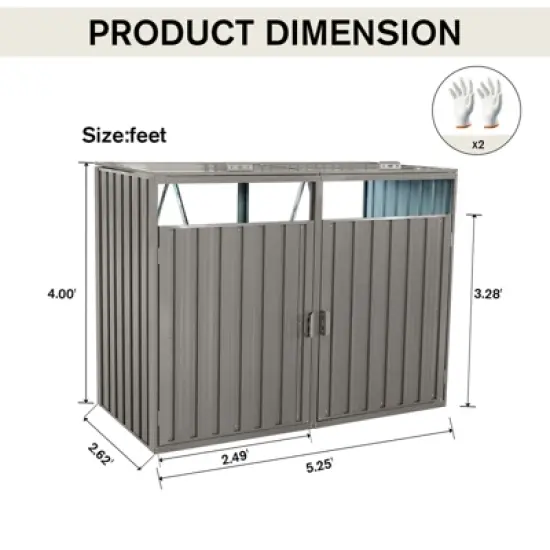 Gulches Garbage Bin Shed Stores 2 Trash Cans Metal Outdoor Bin Shed for Garbage Storage,Stainless Galvanized Steel, Bin Shed for Garden Yard Lawn,Grey image {5}