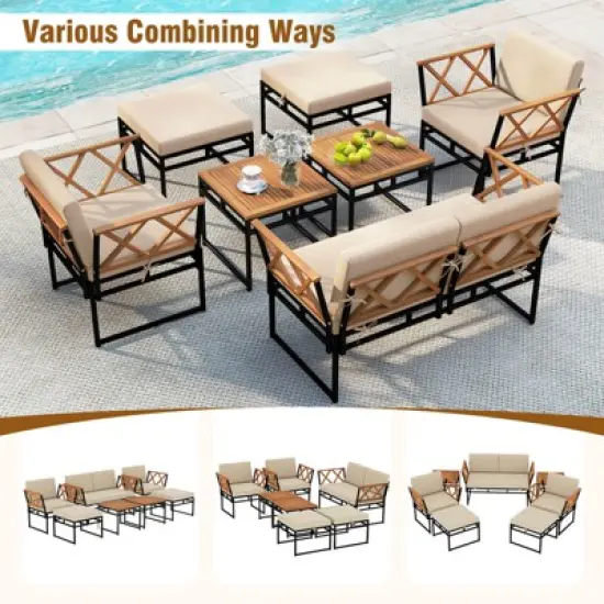 Costway 7 PCS Outdoor Conversation Set Acacia Wood Chairs & Coffee Tables Set with Ottomans image {7}