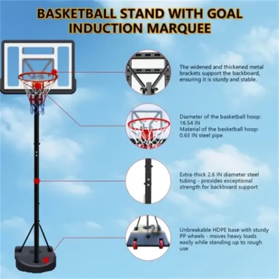 YONWAY Portable Basketball Hoop ,Adjustable Height 6.89 ft to 10.01 ft, 34" Backboard with Rebound System,Water/Sand Base, Wheels for Adults & Kids image {5}