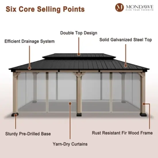 Mondawe 12x20Ft. Outdoor Solid Wood Frame Patio Gazebo Galvanized Steel Hardtop with Netting image {7}