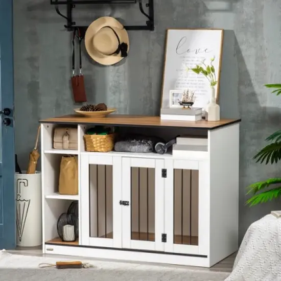 PawHut Dog Crate Furniture with Storage Space, Dog Kennel with Lockable Door, Pet Cage for Large Medium Dogs, 47" x 23.5" x 35" image {1}