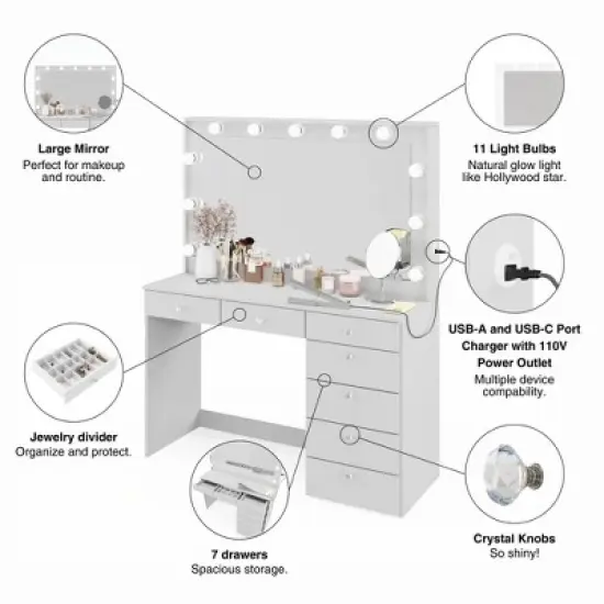 Nuit Lighted Makeup Vanity with Knobs - Boahaus image {10}