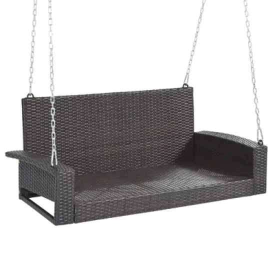 FIONECA 2-Person Wicker Hanging Porch Swing with Cushion & Pillow, Outdoor Rattan Swing Bench with Chains for Garden, Backyard, Pond (Brown/Beige) image {10}