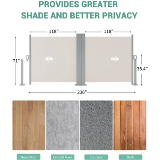 71' x236' Retractable Double Side Awning, 280g Polyester, Waterproof & UV-Resistant Privacy Screen for Patio, Deck, Pool image {2}