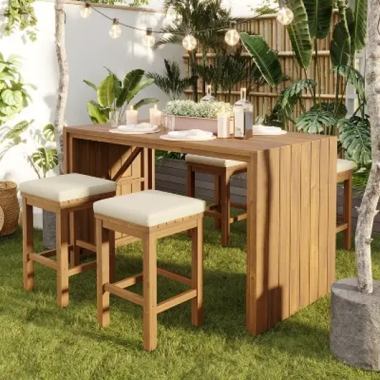 ELJGET 5 Piece Outdoor Bar Set, Patio Acacia Wood Bar Height Table & Four Stools with Cushions, for Poolside, Backyard image {11}