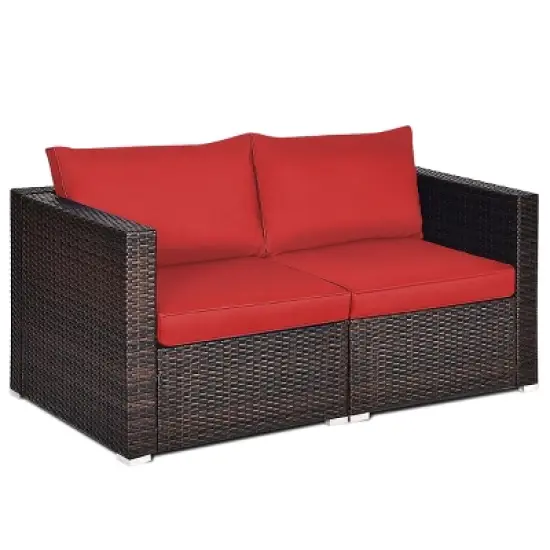 Tangkula 2-Piece Patio Wicker Corner Sofa Set Rattan Loveseat with Removable Cushions image {10}