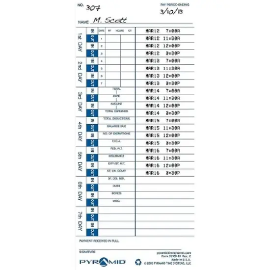 Pyramid Time Systems Pyramid Time Cards for 3000HD 3500 3550SS 3600SS 3700 Time Clocks 100/Pack image {5}