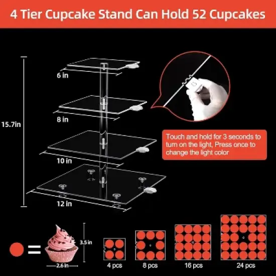 4 Tier Clear Acrylic Cupcake Stand Tower &uml;C Holds 52 Cupcakes with 7-Color Light Effects &uml;C Dessert Display for Weddings, Parties & Celebrations image {3}