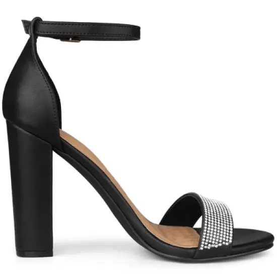 Perphy Open Toe Rhinestone Ankle Strap Chunky Heel Sandals for Women image {3}