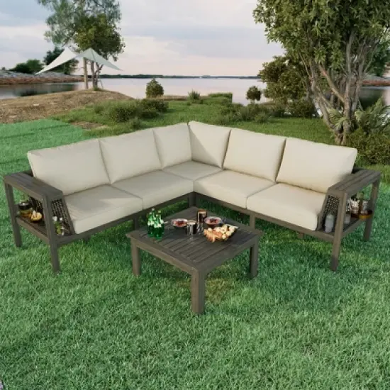 Merax 4-Piece Acacia Wood Outdoor Sofa Set with a Coffee Table and Adjustable Foot Pads image {11}