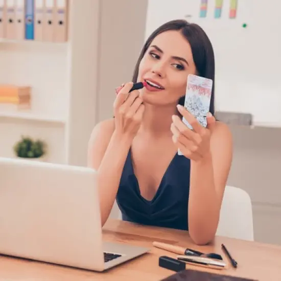 Unique Bargains Hand-painted Oil Painting Makeup Mirror Blue Pink 1 Pc image {2}