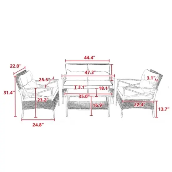 4-Piece Patio Conversation Set with Cushions, Rattan Wicker Outdoor Sofa Set for Garden, Balcony, Deck or Low Dining Lounge Space-Maison Boucle image {3}