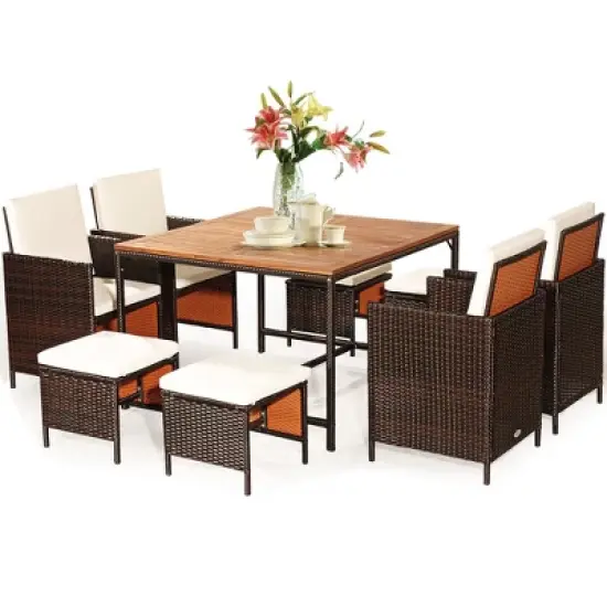 Costway 9PCS  Acacia Wood Patio Rattan Dining Set Cushioned Chairs Ottoman image {1}