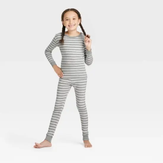 Kids' Striped 100% Cotton Tight Fit Matching Pajama Set - Gray image {3}