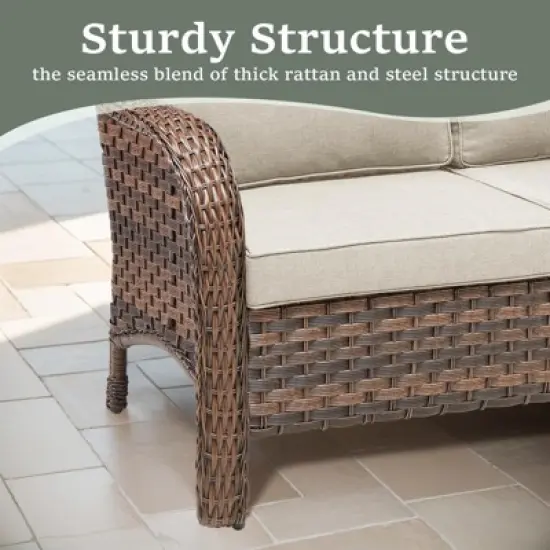 Buenhomino Outdoor Patio Couch Wicker Sofa - 3 Seater Rattan Sofa for Outside Patio Garden with Deep Seating and Olefin Cushions (Brown) image {2}