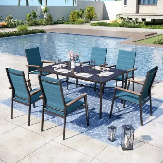 Captiva Designs 7pc Patio Dining Set with Geometric Pattern Rectangle Table & Sling Chairs with Wood-look Armrest image {16}