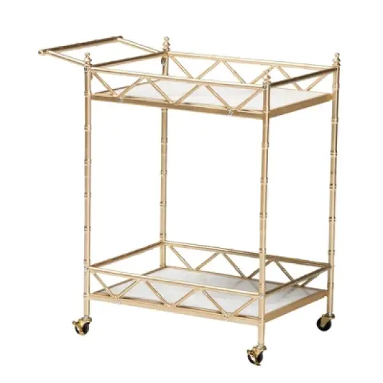 Mela Metal and Marble 2 Tier Wine Cart Gold/White Marble - Baxton Studio image {2}