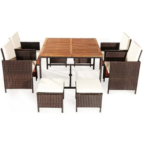 Costway 9PCS  Acacia Wood Patio Rattan Dining Set Cushioned Chairs Ottoman image {6}