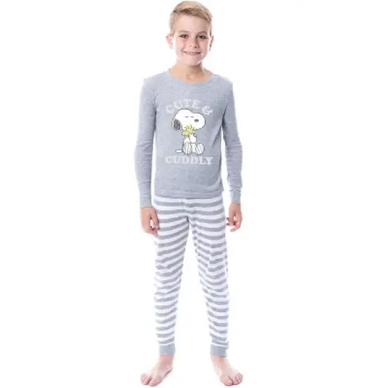 Peanuts Girls' Child Unisex Snoopy Woodstock Cute & Cuddly Sleep Pajama Set Grey image {1}