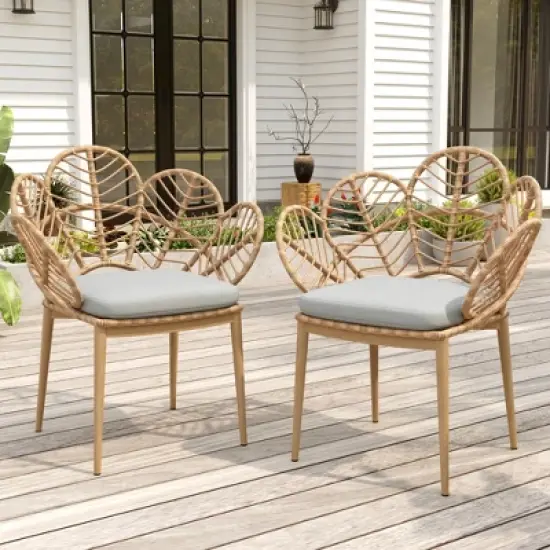 Christopher Knight Home Cleto Patio Floral Design Rattan and Iron Dining Chair with Faux Wood Finish (Set of 2) image {1}