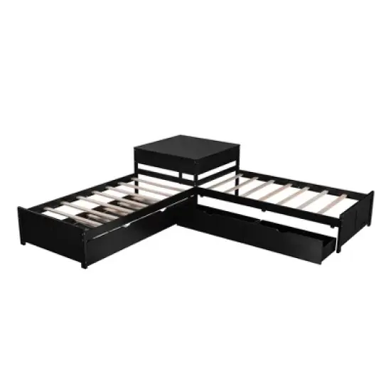 Twin Size Wood Platform Bed Frame, Triple Bed with Twin Trundle Bed, Drawers and Built-in Desk -ModernLuxe image {4}