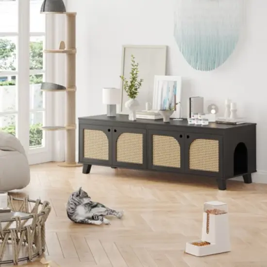 ORRD Double Hidden Cat Litter Box Enclosure Furniture with Rattan Doors - 2-Entrance Cabinet for Two Cats, Odor Control,Black image {6}