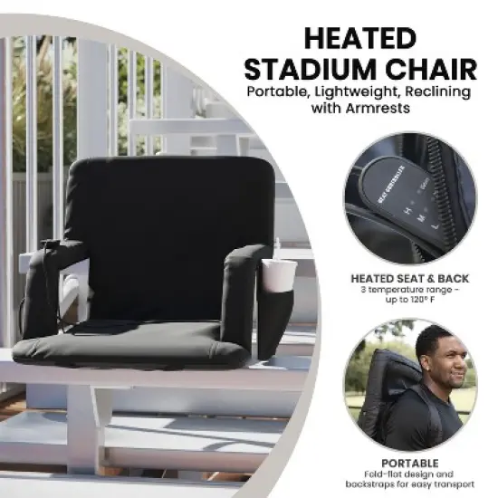 Flash Furniture Malta Portable Heated Reclining Stadium Chair with Armrests, Heated Padded Back & Heated Seat with Dual Storage Pockets and Backpack Straps image {13}